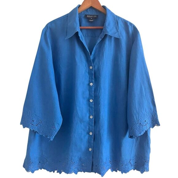 Jones New York 3X Linen Tunic Top Blue Eyelet Lace Relaxed Boho Coastal - Picture 1 of 11